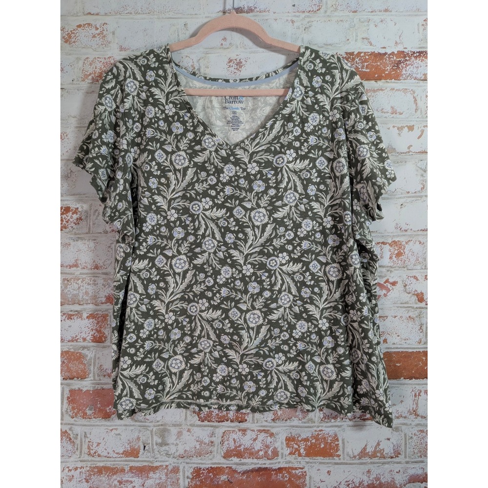 Croft & Barrow Floral V-Neck Tee Women XXL Green Short Sleeve Cotton 1625